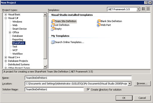 Realizado esto, ahora sí tendremos disponible las plantillas para proyectos de SharePoint en nuestro Visual Studio 2008, como se muestra en la siguiente pantalla capturada.