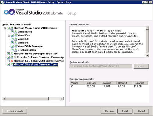 Así, si tenemos una Granja de MOSS 2010, deberemos instalar Visual Studio 2010 en nuestro entorno de desarrollo. La instalación es muy sencilla, y durante la misma, podremos seleccionar si deseamos instalar las características de Desarrollo de SharePoint