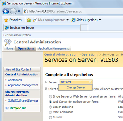 En la página Services on Server, seleccionamos el servidor sobre el cual deseamos instalar la Central Administration.