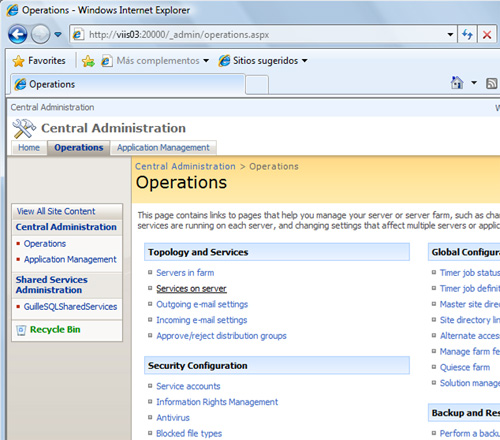 En la página de Operations, seleccionamos la opción Services on Server, de la sección Topology and Services.