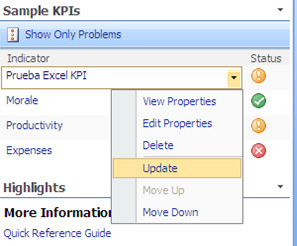Opción Update de una Lista KPI usando datos de Excel Services