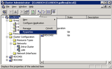 Para editar las propiedades del Cluster, desde la herramienta administrativa Cluster Administrator, click con el botón derecho sobre el Cluster, y después, click Properties.