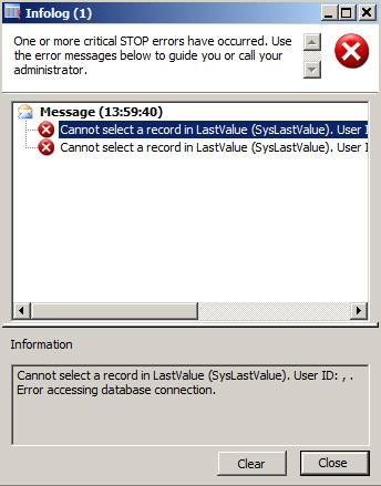 Al intentar interactuar desde un Cliente AX con SQL Server indisponible se obtenían errores como: Cannot select a record in LastValue (SysLastValue). UserID: , . Error accessing database connection