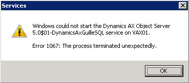 Entre unas y otras pruebas, en un entorno de Test de Microsoft Dynamics AX 2009, perdí la cuenta de servicio del AOS. Un problema, ya que aunque vuelvas a crear de nuevo la cuenta en Directorio Activo, y la vuelvas a configurar como cuenta de inicio del servicio Axapta Object Server (AOS), al intentar arrancar el AOS nos encontraremos con el Error 1067: The process terminated unexpectedly.