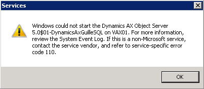 Concedemos permisos de Full Control a la cuenta de servicio de AOS (en nuestro caso, GUILLESQL\AXSvc) sobre dicho fichero, e intentamos de nuevo arrancar el servicio de AOS. De nuevo obtenemos como resultado un error, pero esta vez es distinto.