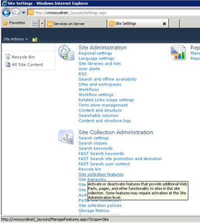 Seguidamente, click en la opción Site collection features de la sección Site Collection Administration.