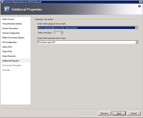 Pantalla Additional Properties del asistente de conversión de físco a virtual (P2V) de Virtual Machine Manager 2008 R2