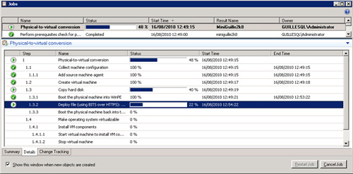 Pantalla de Jobs mostrando la ejecución de la conversión de físico a virtual (P2V) en el paso de Deploy File