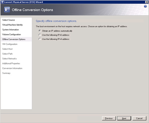 Pantalla OffLine Conversion Options del asistente de conversión de físco a virtual (P2V) de Virtual Machine Manager 2008 R2
