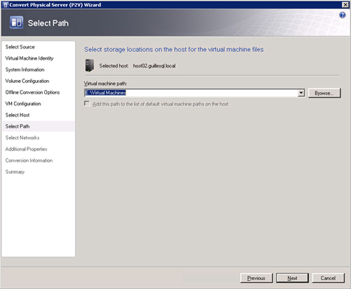 Pantalla Select Path del asistente de conversión de físco a virtual (P2V) de Virtual Machine Manager 2008 R2