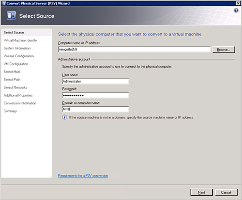 Pantalla Select Source del asistente de conversión de físco a virtual (P2V) de Virtual Machine Manager 2008 R2