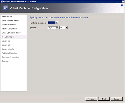 Pantalla Virtual Machine Configuration del asistente de conversión de físco a virtual (P2V) de Virtual Machine Manager 2008 R2