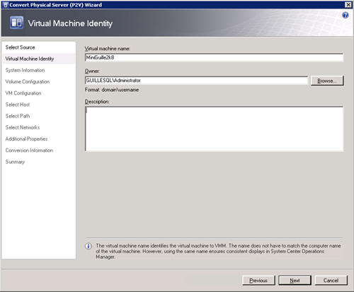 Pantalla Virtual Machine Identity del asistente de conversión de físco a virtual (P2V) de Virtual Machine Manager 2008 R2