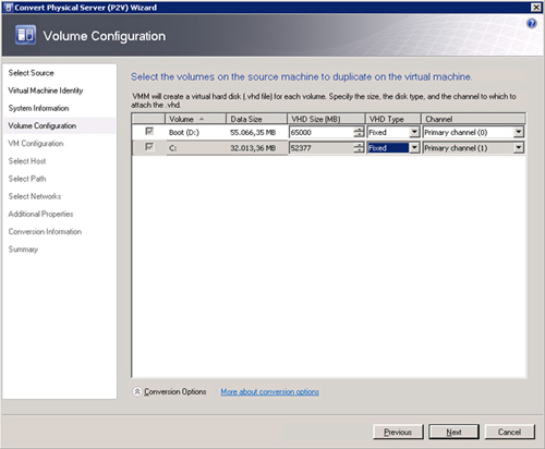 Pantalla Volume Configuration del asistente de conversión de físco a virtual (P2V) de Virtual Machine Manager 2008 R2. Click Conversion Options para elegir Conversión OffLine u OnLine.