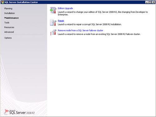 Ejecutar el programa de instalación de SQL Server 2008 R2 (SETUP.EXE) desde el DVD de instalación. En la pantalla de Splash de SQL Server, seleccionaremos la página Maintenance, y después click en Repair.