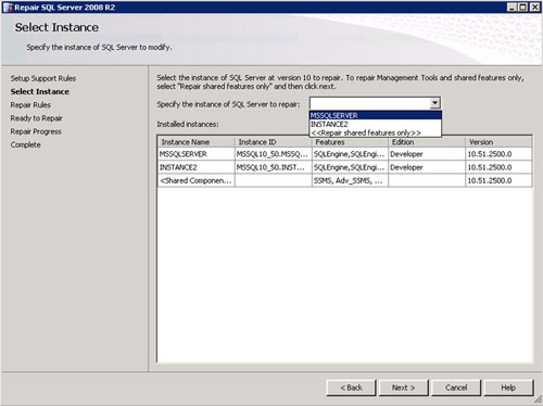 En la pantalla Select Instance page, seleccionar la instancia de SQL Server que se desea reparar. Click Next para continuar.