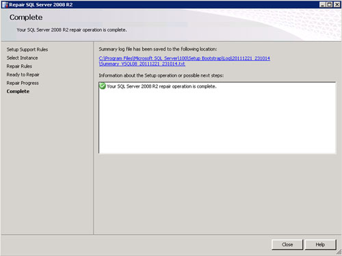 Se mostrará una barra de progreso, y tras escaso minutos, la reparación de SQL Server 2008 R2 habrá finalizado con éxito. Click Close.