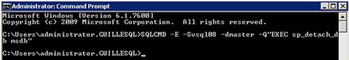 Realizado esto, desde otra ventana de línea de comandos, hacer un DETACH de la base de datos MSDB. Para ello, deberíamos ejecutar algo como: SQLCMD -E -Sservername -dmaster -Q