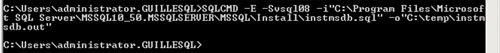 Ahora, desde una ventana de línea de comandos, ejecutar el Script para volver a crear MSDB utilizando el Script instmsdb.sql