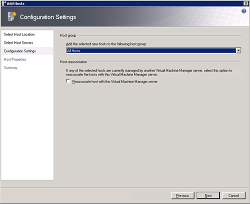 Pantalla Configuration Settings del asistente de añadir un Host (Add Host) a Virtual Machine Manager 2008 R2.