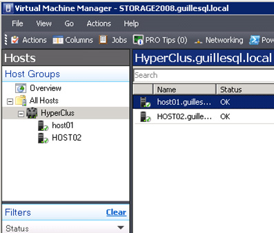 Aspecto de los Hosts registrados como un Cluster en Virtual Machine Manager 2008 R2