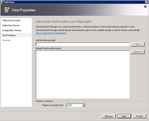 Pantalla Host Properties del asistente de añadir un Host (Add Host) a Virtual Machine Manager 2008 R2.