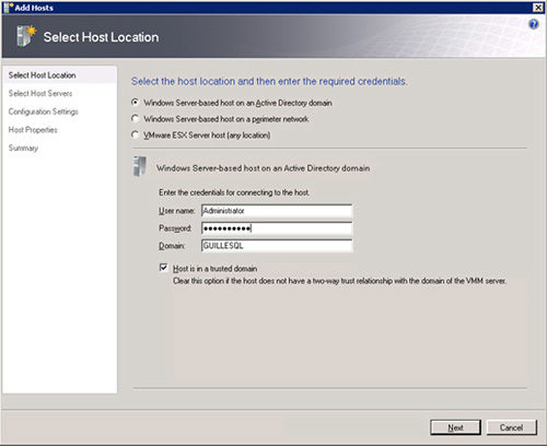 Pantalla Select Host Location del asistente de añadir un Host (Add Host) a Virtual Machine Manager 2008 R2.