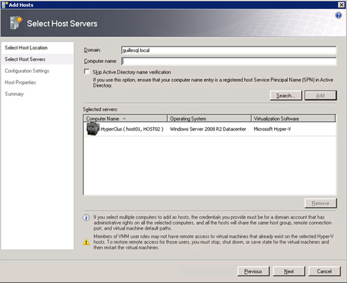 Pantalla Select Host Servers del asistente de añadir un Host (Add Host) a Virtual Machine Manager 2008 R2.