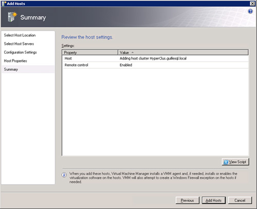 Pantalla Summary del asistente de añadir un Host (Add Host) a Virtual Machine Manager 2008 R2.