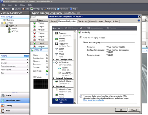 Propiedades de Alta Disponibilidad (High Availability) de una Máquina Virtual en Virtual Machine Manager 2008 R2