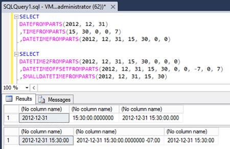 Ejemplo de las funciones DATEFROMPARTS, TIMEFROMPARTS, DATETIMEFROMPARTS, DATETIME2FROMPARTS, DATETIMEOFFSETFROMPARTS, y SMALLDATETIMEFROMPARTS, incluidas en SQL Server 2012