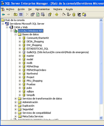 Base de Datos en Modo de Emergencia (Emergency Mode). Así se ve una Base de Datos en Modo de Emergencia (Emergency Mode) desde el Enterprise Manager (EM) de SQL Server 2000.