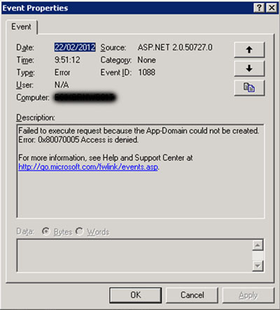 Al ver los detalles de estos errores con Event ID 1088 de Source ASP.NET 2.0, se podía observar un maravilloso Failed to execute request because the App-Domain could not be created. Error: 0x80070005 Access is denied