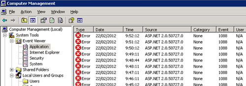 Pues empezamos bien. Al revisar en el Frontal Web que actuaba como servidor de búsqueda, en el Application Even Log, se mostraban multitud de errores (uno cada minuto) con Event ID 1088, relativos a ASP.NET