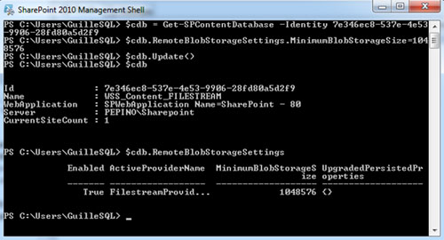 A continuación, se muestra la salida de ejecución de los anteriores comandos de PowerShell para configurar el umbral mínimo para el almacenamiento Remoto (RBS) en una Base de Datos de Contenido en particular