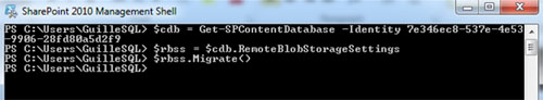 A continuación se muestra la salida de ejecución de los anteriores comandos de PowerShell, para migrar los datos desde el almacenamiento en SQL Server a RBS.
