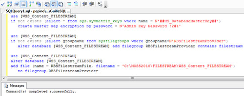 A continuación se incluye una pantalla capturada con el resultado de la ejecución de dicho Script SQL, quedando habilitada la base de datos WSS_Content_FILESTREAM para poder utilizar el almacenamiento FILESTREAM