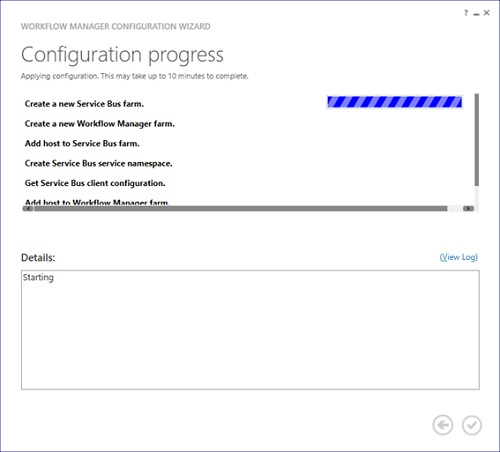 Al continuar (click en el check que aparece en la parte inferior derecha), se mostrará la pantalla Configuration Progress del Workflow Manager Configuration Wizard.
