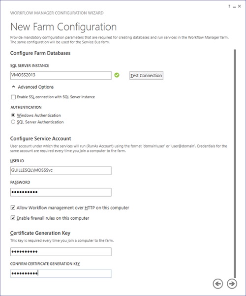 Llegaremos a la pantalla New Farm Configuration del Workflow Manager Configuration Wizard. En esta pantalla deberemos especificar los datos de conexión a la instancia de SQL Server que deseamos utilizar, y la configuración básica del servicio del Workflow Manager (cuenta de servicio para el Pool de Aplicaciones, habilitar o no sobre HTTP, y la Certificate Generation Key).