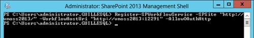 Tan sólo nos queda registrar el servicio desde PowerShell, para lo cual, en mi caso de ejemplo tuve que ejecutar el siguiente comando desde la SharePoint 2013 Management Shell: Register-SPWorkflowService –SPSite http://vmoss2013/ –WorkflowHostUri http://vmoss2013:12291 –AllowOAuthHttp