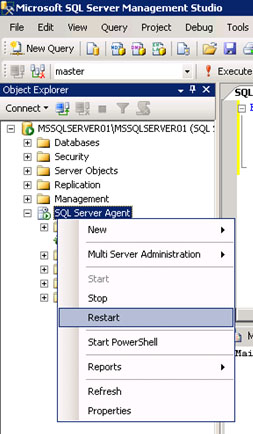 Muy importante: Una vez configurado el Agente de SQL Server para utilizar un perfil de Database Mail para el envío de correo electrónico, deberemos reiniciar el Agente de SQL Server para que los cambios tomen efecto. Esto podemos hacerlo directamente desde el SQL Server Management Studio (SSMS), utilizando la opción Restart del menú contextual del SQL Server Agent.