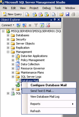 Quizás lo primero que debamos hacer tras finalizar la configuración de Database Mail, es enviar un correo electrónico de prueba. Para ello, quizás lo más fácil, es utilizar la opción Send Test E-Mail del menú contextual de Database Mail, dentro del SQL Server Management Studio (SSMS), como se muestra en la siguiente pantalla capturada