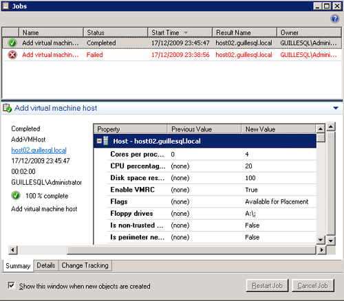 Finalización de la ejecución de los Jobs para añadir un nuevo Host a Virtual Machine Manager 2008 R2