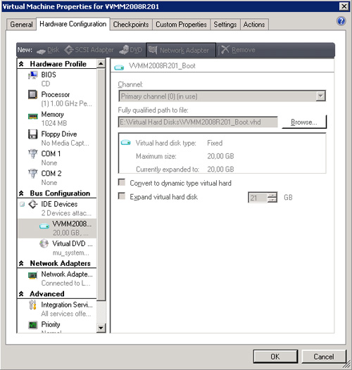 Pestaña Hardware Configuration de las Propiedades de una Máquina Virtual Hyper-V desde Virtual Machine Manager 2008 R2