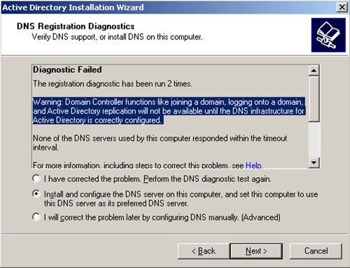 Warning: Domain Controller functions like joining a domain, logging onto a domain, and Active Directory replication will not be available until the DNS infrastructure for Active Directory is correctly configured
