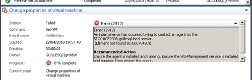 Error (2912) An internal error has occurred trying to contact an agent on the STORAGE2008.guillesql.local server (Element not found (0x80070490)). Recommended Action: Ensure the agent is installed and running. Ensure the WS-Management service is installed and running, then restart the agent.