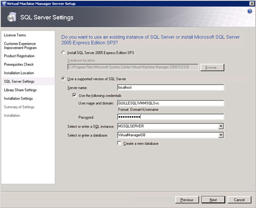Pantalla SQL Server Settings de la instalación de VMM Server. Especificaremos los mismos datos (misma cuenta de usuario, etc.), excepto que dejaremos en blanco la opción Create a new database.
