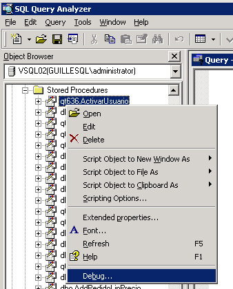 Cómo depurar un procedimiento almacenado en SQL Server 2000 con Query Analyzer.