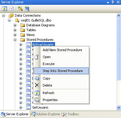 Cómo iniciar la depuración de un Procedimiento Almacenado en SQL Server 2005 con Visual Studio 2005.