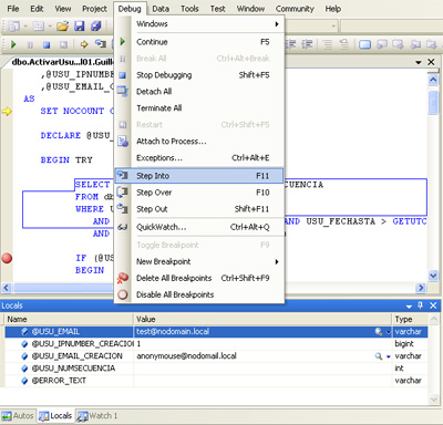 Cómo depurar un procedimiento almacenado en SQL Server 2005 con Visual Studio 2005. Examinar y modificar variables en tiempo de depuración. Depurar Transact-SQL en SQL Server 2005 con Visual Studio 2005 for Database Professional (DBPro).
